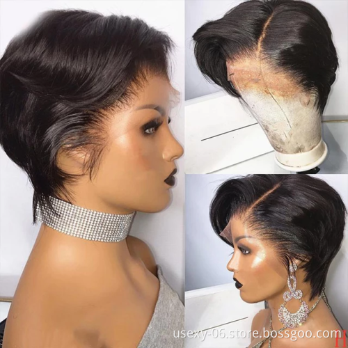 Ladies best sample raw Indian human hair lace frontal wigs for woman pre plucked human lacefront wig short pixie cut lace wig